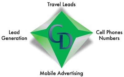 A green diamond with the words " travel leads " and " mobile advertising ".