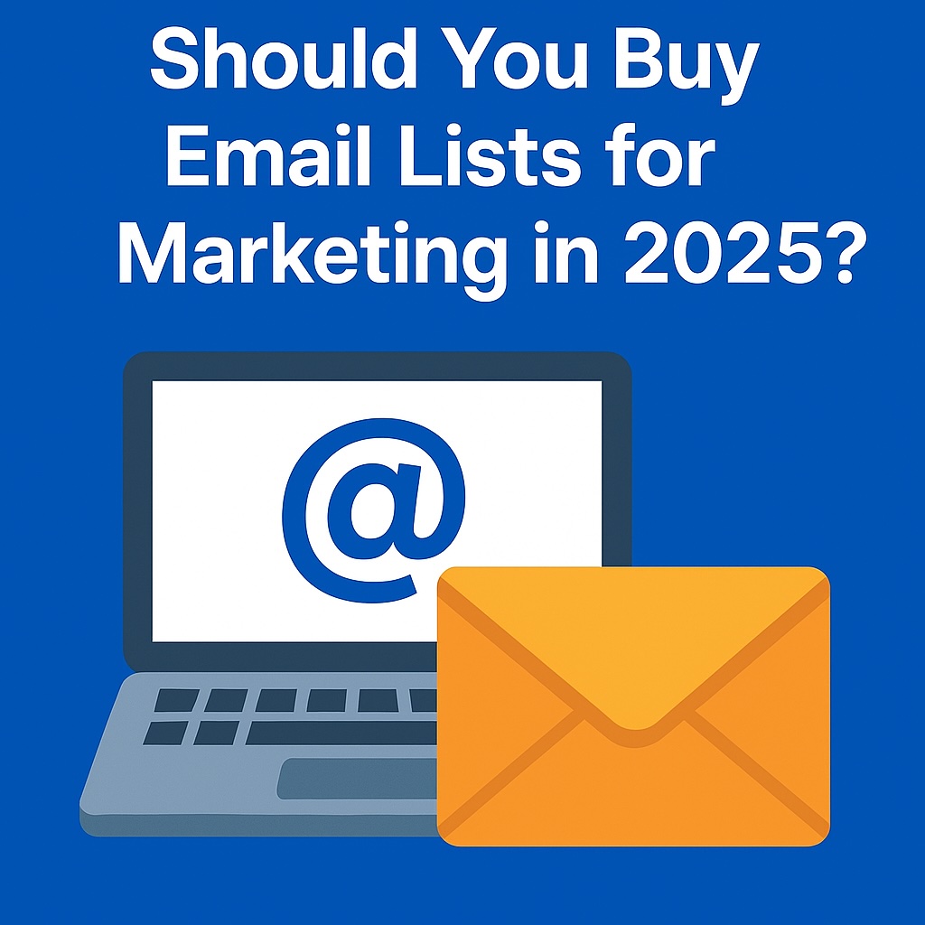 Illustration of a laptop displaying an email symbol next to a large envelope, representing email marketing and email list purchasing.