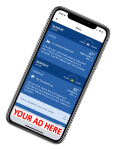 A cell phone with an ad on the screen.