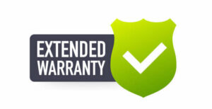 A green shield with the words extended warranty and an image of a check mark.