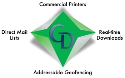 A green diamond with the words commercial printers, addressable geofencing and retail data.