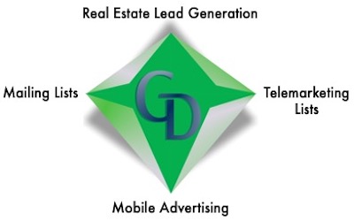 A green diamond with the words real estate lead generation, telemarketing and mobile advertising in it.