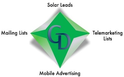 A green diamond with the words " solar leads " and " mobile advertising."