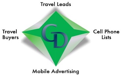 A green diamond with the words " travel leads " and " mobile advertising."