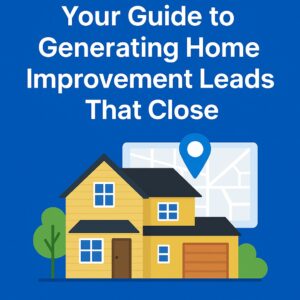 Illustration of a yellow suburban house with a location pin and digital map, promoting a guide to generating home improvement leads