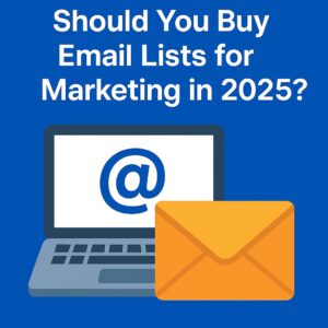 Illustration of a laptop displaying an email symbol next to a large envelope, representing email marketing and email list purchasing.