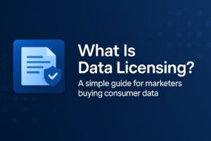 Social media banner with a blue document and shield icon beside the title ‘What Is Data Licensing? A simple guide for marketers buying consumer data,’ set against a dark blue digital background.