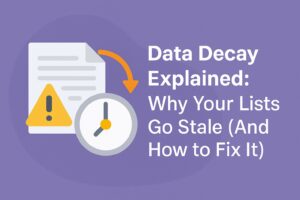 Illustration showing a document, warning symbol, and clock with an arrow beside the title ‘Data Decay Explained: Why Your Lists Go Stale (And How to Fix It),’ representing outdated marketing data and how it changes over time.