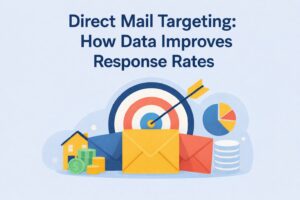 Illustration showing targeted direct mail envelopes in front of a bullseye with data and analytics icons, representing direct mail targeting and improved response rates through consumer data.