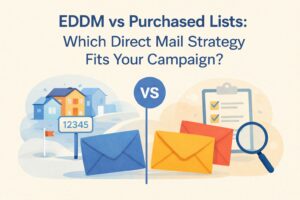 Illustration comparing EDDM and purchased mailing lists for direct mail, showing homes and route delivery on one side and targeted envelopes with a checklist and magnifying glass on the other.