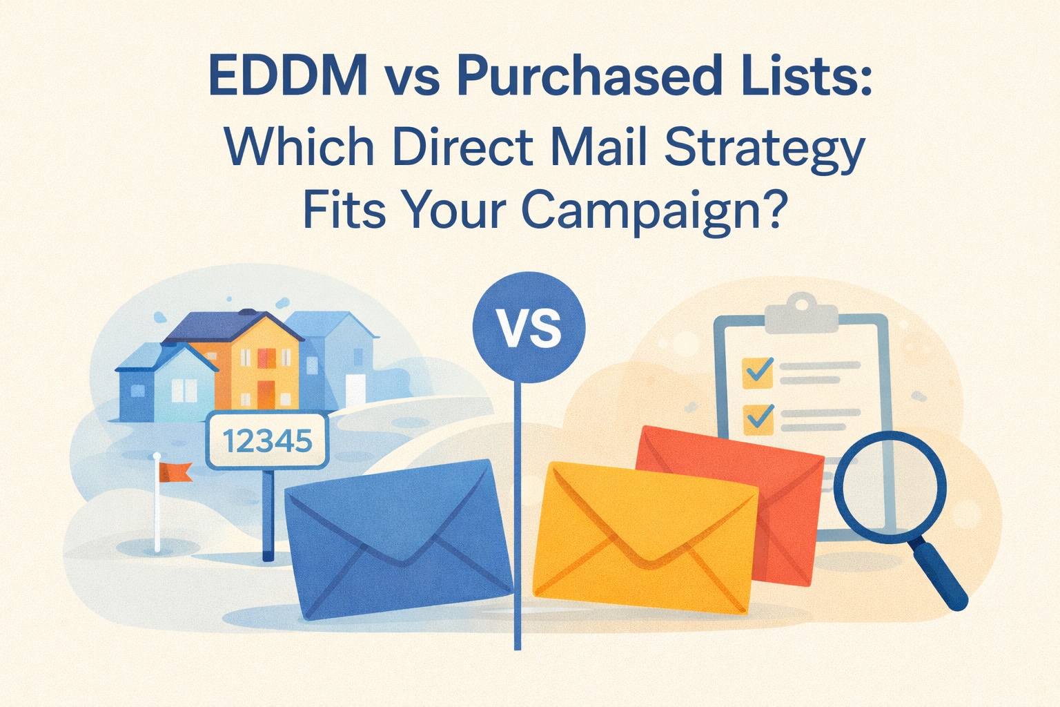 Illustration comparing EDDM and purchased mailing lists for direct mail, showing homes and route delivery on one side and targeted envelopes with a checklist and magnifying glass on the other.