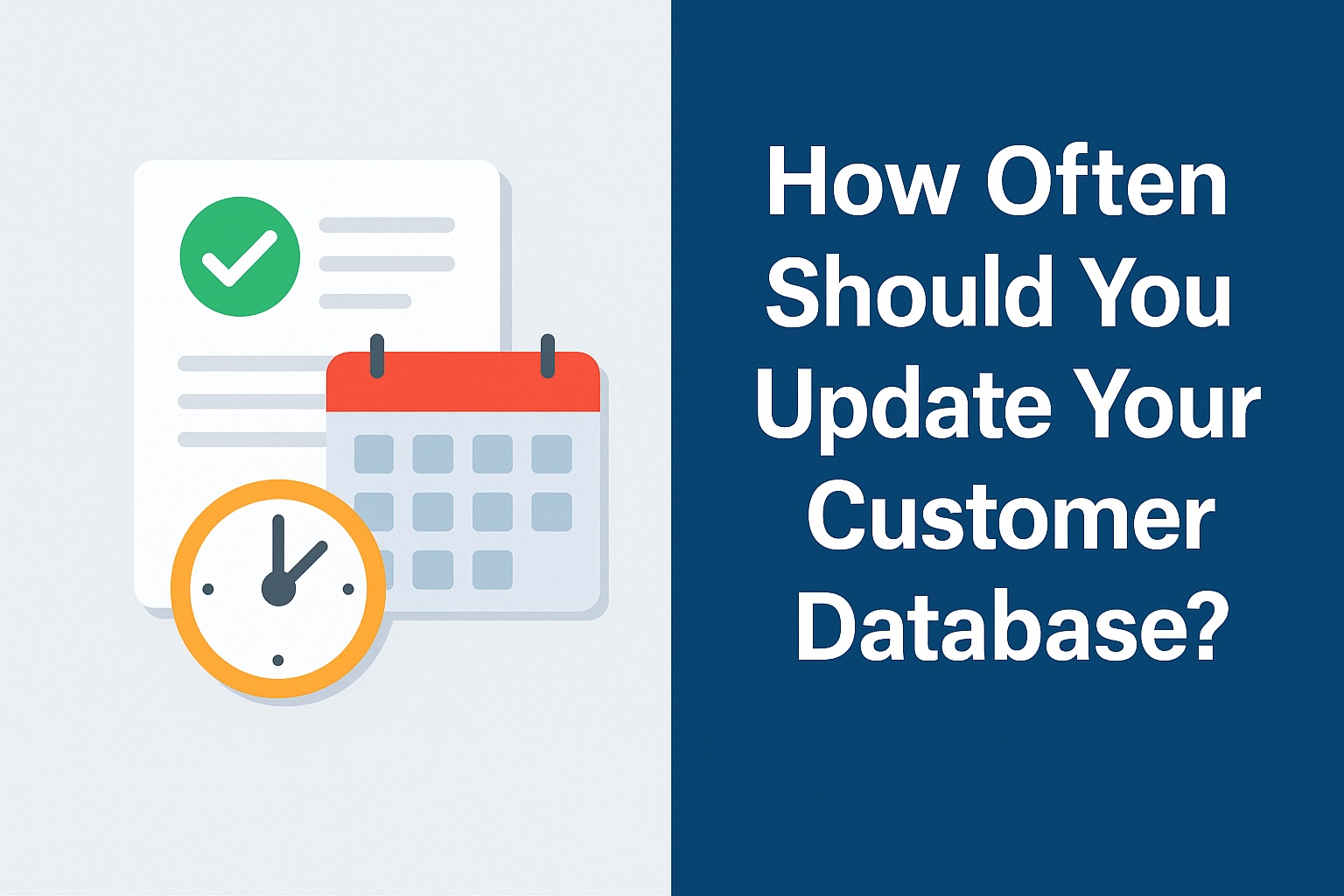 Illustration with a document, calendar, and clock next to the title ‘How Often Should You Update Your Customer Database?’ representing the importance of refreshing customer data regularly.