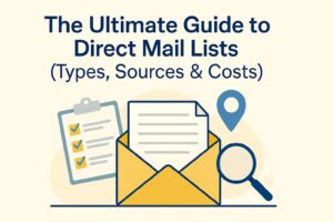 Flat-style illustration showing an open yellow envelope with a letter, a checklist clipboard, a magnifying glass, and a location pin beneath the title ‘The Ultimate Guide to Direct Mail Lists (Types, Sources & Costs)